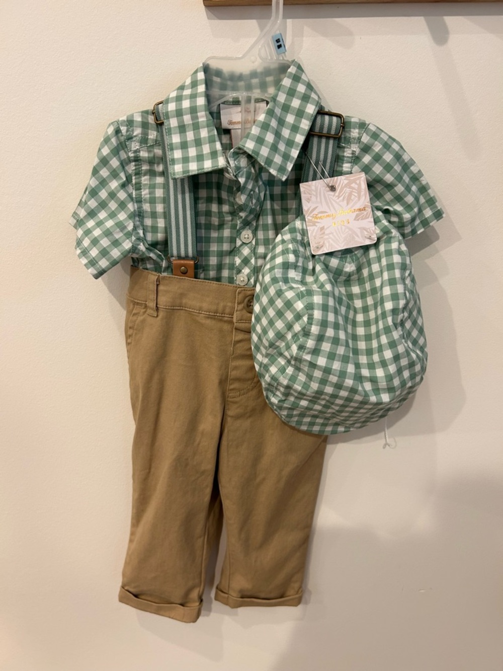 Green Gingham Shirt with Matching Cap and Khaki Suspender Pants